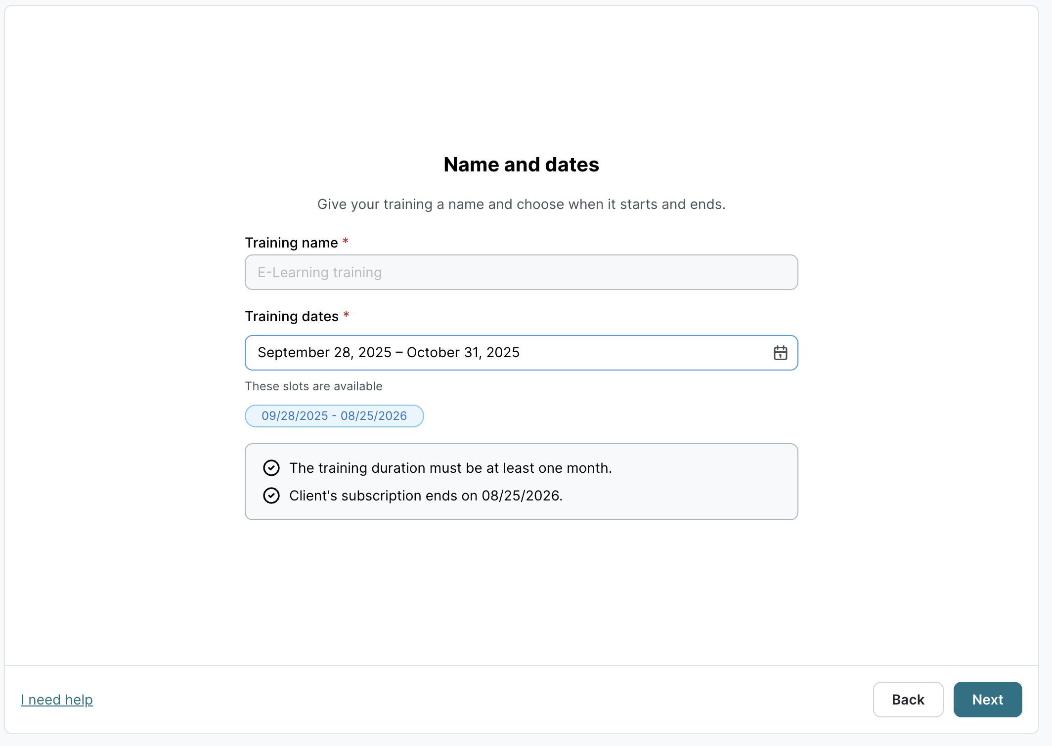 E-Learning new training name and dates page. Training name field empty. Training dates selector shows September 28, 2025 to October 31, 2025. Available slots listed below with validation messages.