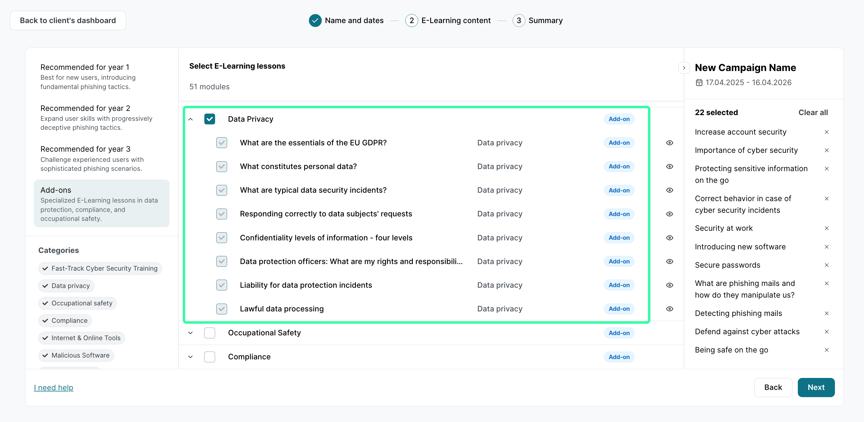 E-Learning add-ons selection screen. Data Privacy section highlighted in bright green box with checked items. Numbered callouts (1, 2, 3, 4) and 22 selected modules shown in summary.