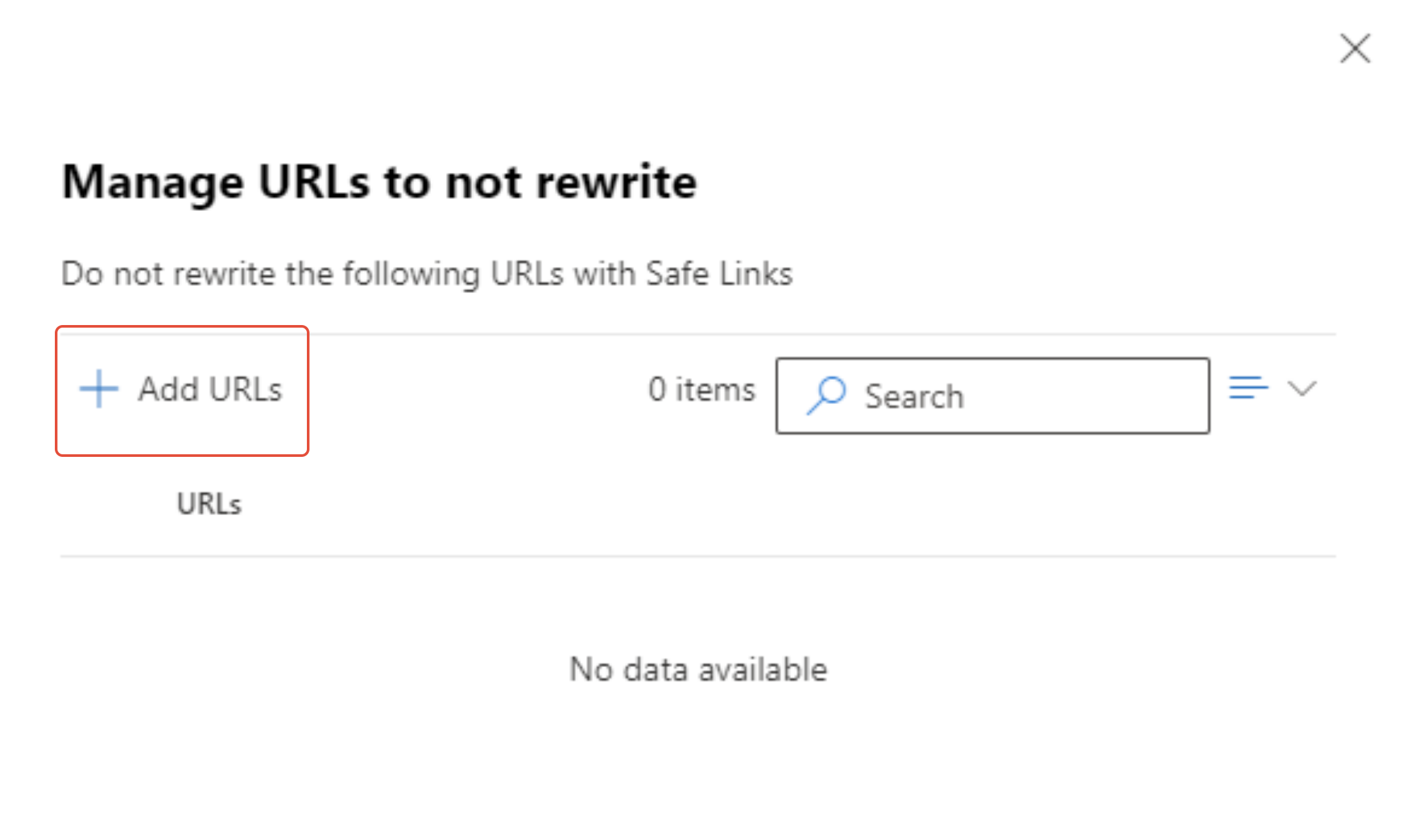 Manage URLs to not rewrite dialog. Add URLs button marked with red box. Search field and empty URLs list showing No data available. Field is ready for entries.