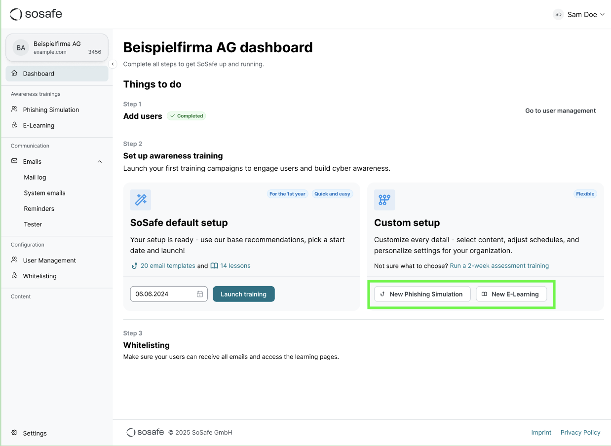 SoSafe Partner Platform dashboard with E-Learning menu item highlighted. Custom Setup section shows New Phishing Simulation and New E-Learning buttons marked in green.