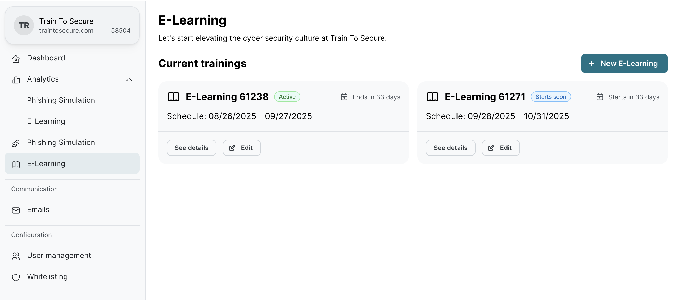 E-Learning current trainings display showing two active trainings side by side. E-Learning 61238 scheduled 08/26/2025 to 09/27/2025. E-Learning 61271 scheduled 09/28/2025 to 10/31/2025.