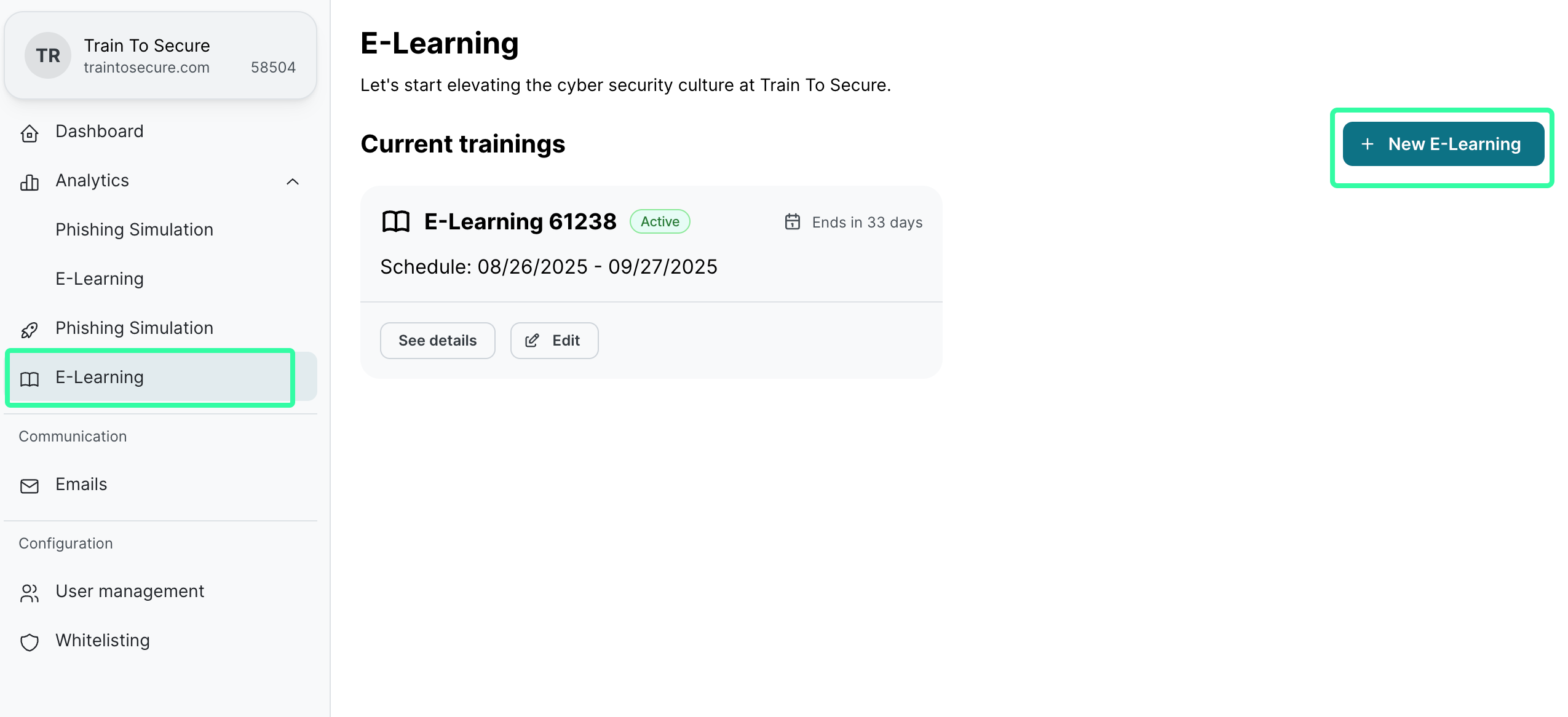 E-Learning page with navigation menu. Current trainings section showing one active training E-Learning 61238, ending in 33 days, schedule 08/26/2025 to 09/27/2025. Buttons See details and Edit. Button + New E-Learning marked top right.