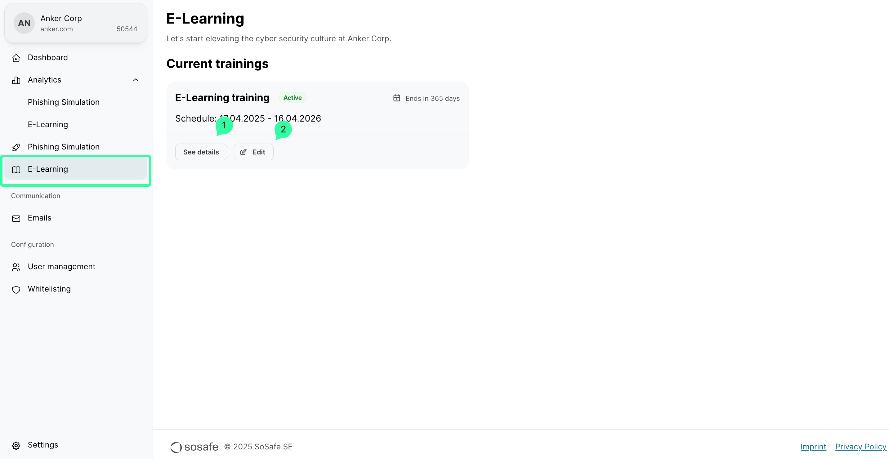 E-Learning menu showing Current trainings section. One active training displayed with dates 01.04.2025 to 16.04.2026. See details (1) and Edit (2) buttons marked with numbered callouts.