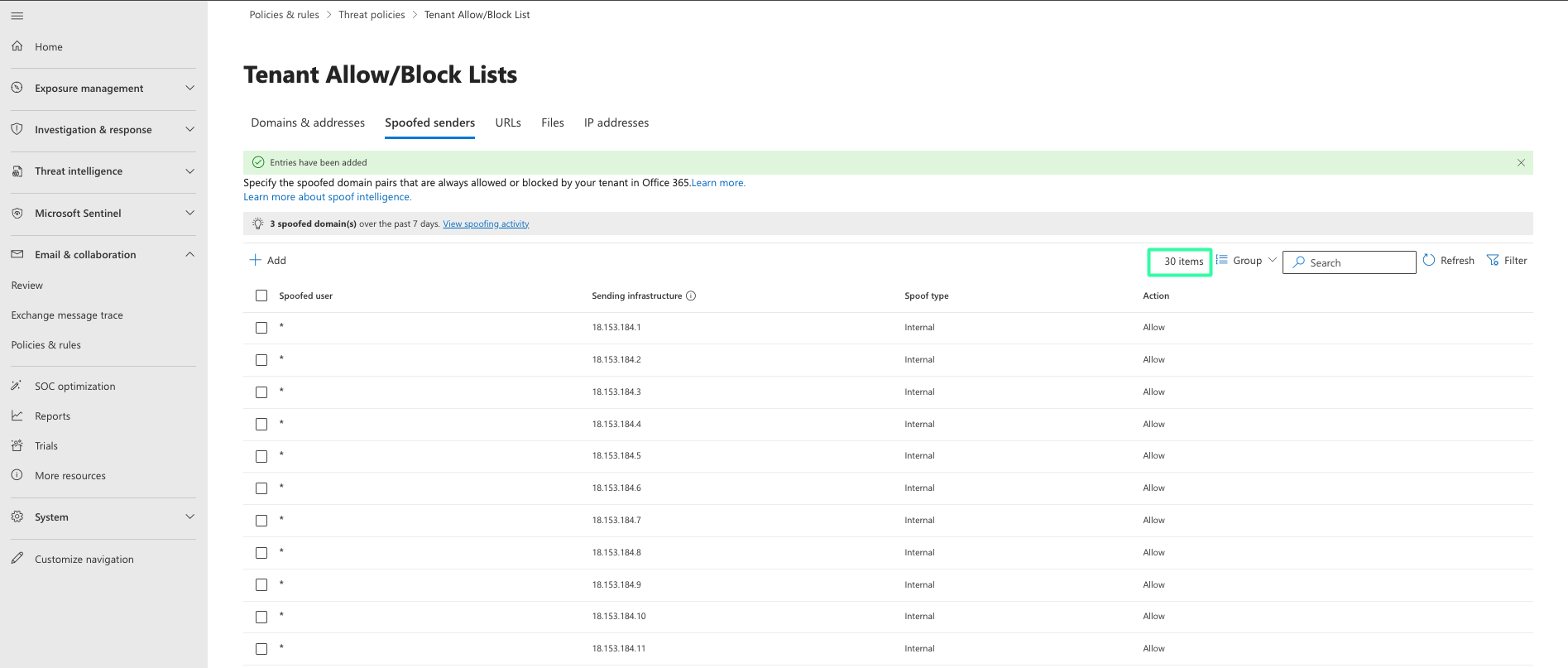 Microsoft 365 Defender Tenant Allow/Block Lists page with green success banner confirming entries added. Table shows columns for Spoofed user, Sending infrastructure, Spoof type, and Action, displaying 30 items from various IP ranges.