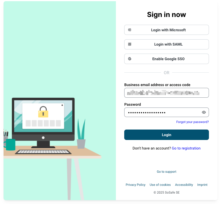 Sign in now page showing three SSO login options: Log in with Microsoft, Log in with SAML, Enable Google SSO. Below OR divider are fields for Business email address and Password with visibility toggle. Forgot your password link in blue. Login button grayed out. Registration and support links at bottom.
