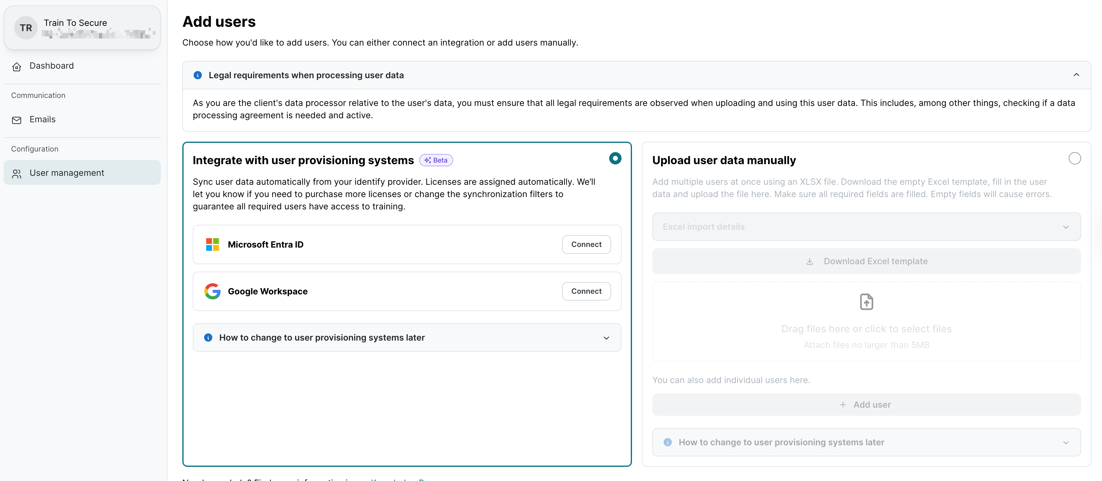 Add users page with two main options in a blue outlined box on the left: Integrate with user provisioning systems (Microsoft Entra ID, Google Workspace) with Beta tag, or Upload user data manually on the right with template download and file drop area.