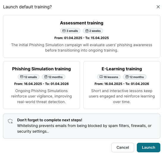 Dialog Standardschulung starten zeigt nur E-Learning Schulung mit 16 Lektionen und 12 Monaten Dauer mit Abbrechen und Starten Schaltflächen.