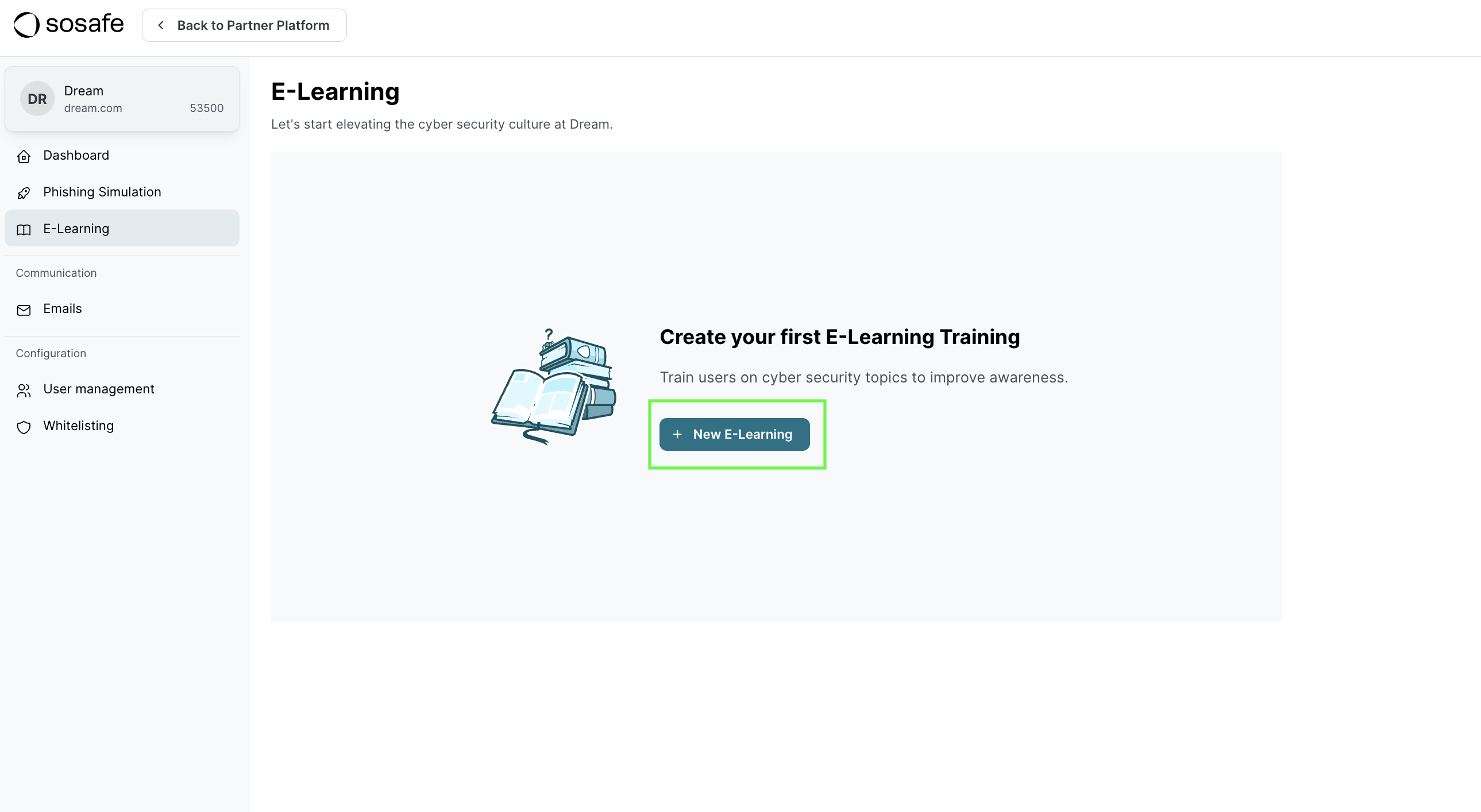 E-Learning menu page showing Create your first E-Learning Training section with New E-Learning button highlighted and book icon graphic.