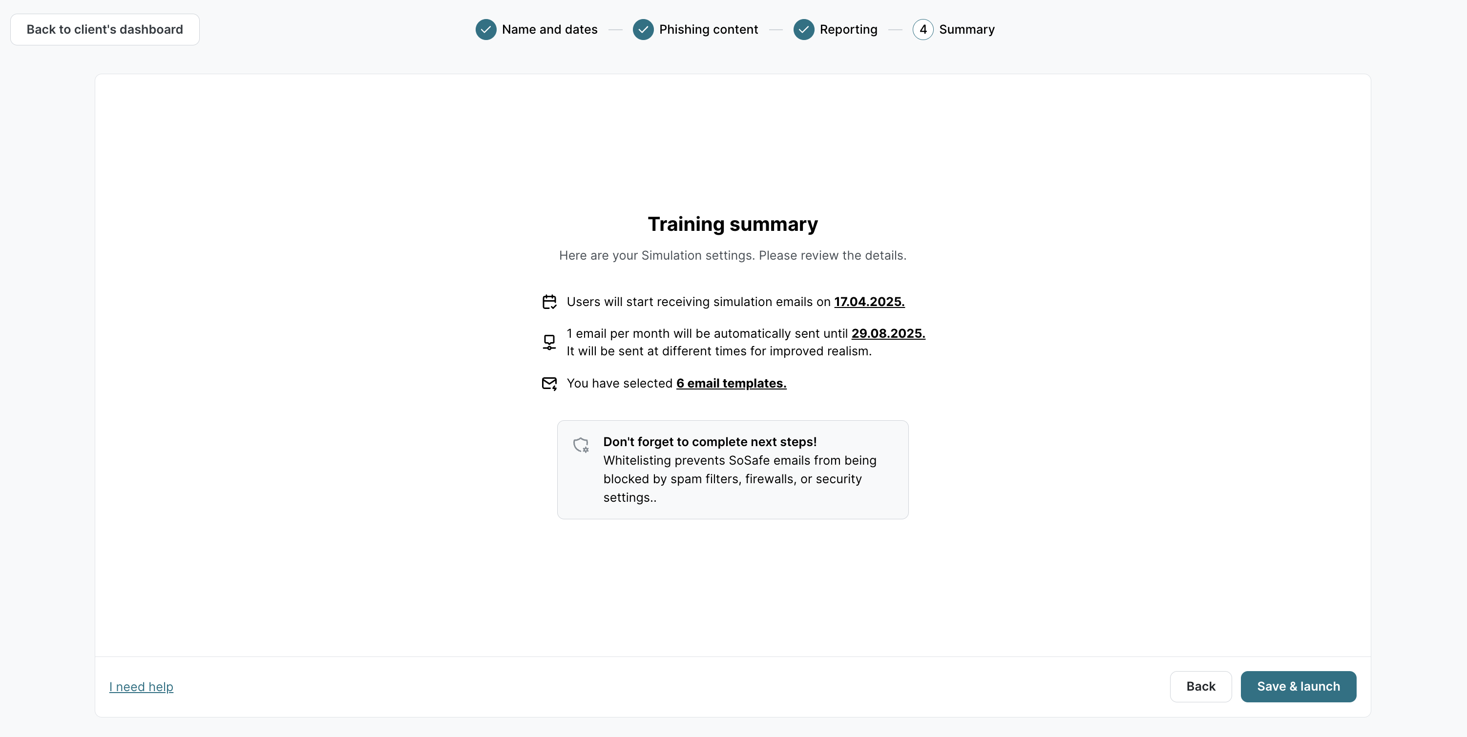 Phishing Simulation training summary page step 4. Shows simulation start date, email frequency, and selected email templates count. Save & launch button at bottom right ready to click.