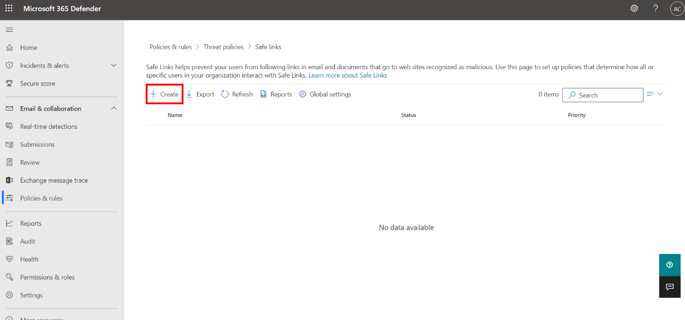 Microsoft 365 Defender Safe Links page. Breadcrumb shows Policies & rules > Threat policies > Safe links. Create button marked with red box. Wizard steps on left show Name your policy and Users and domains completed, with URL & click protection settings selected.