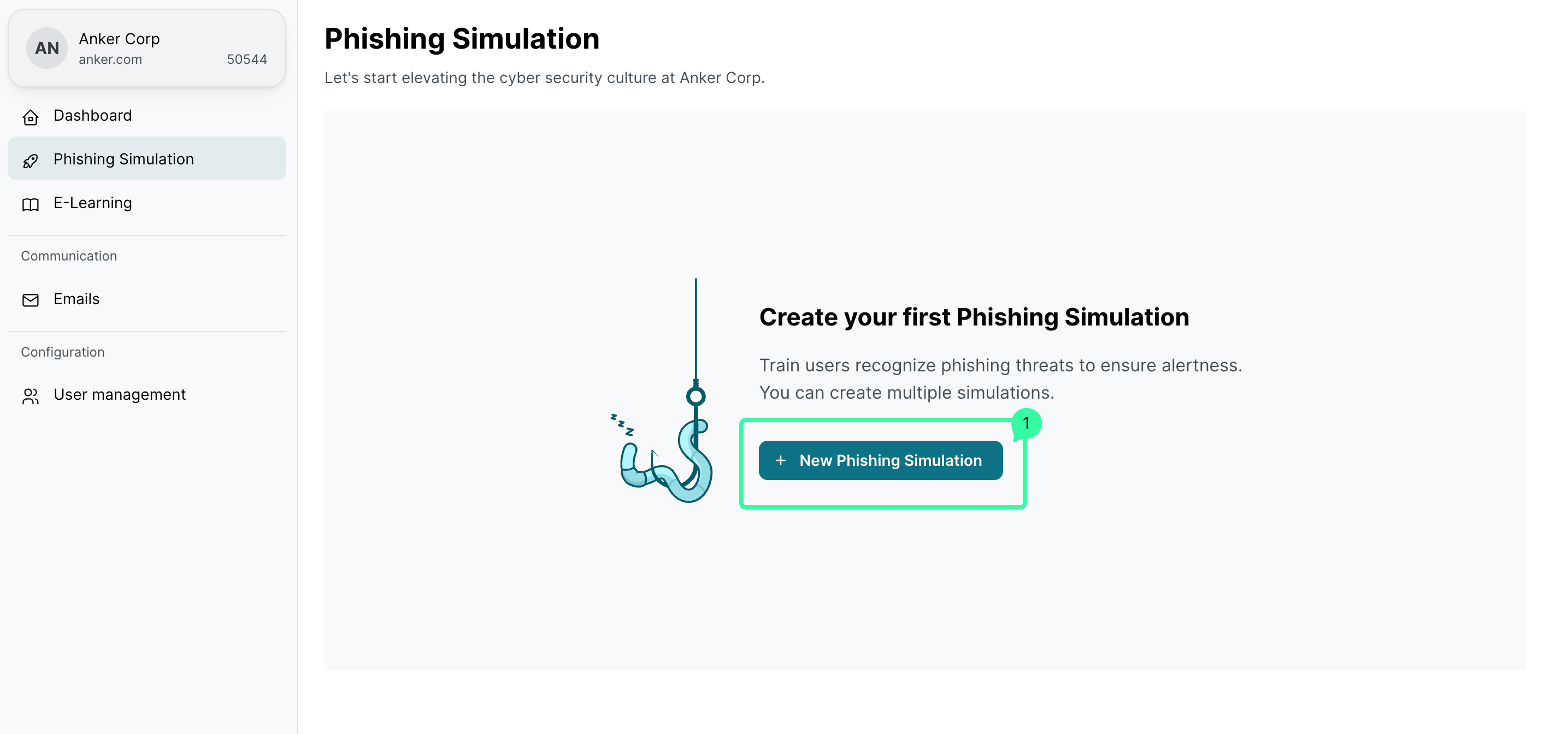 Phishing Simulation menu page showing Create your first Phishing Simulation. New Phishing Simulation button highlighted in green. Hook illustration shows threat detection concept.
