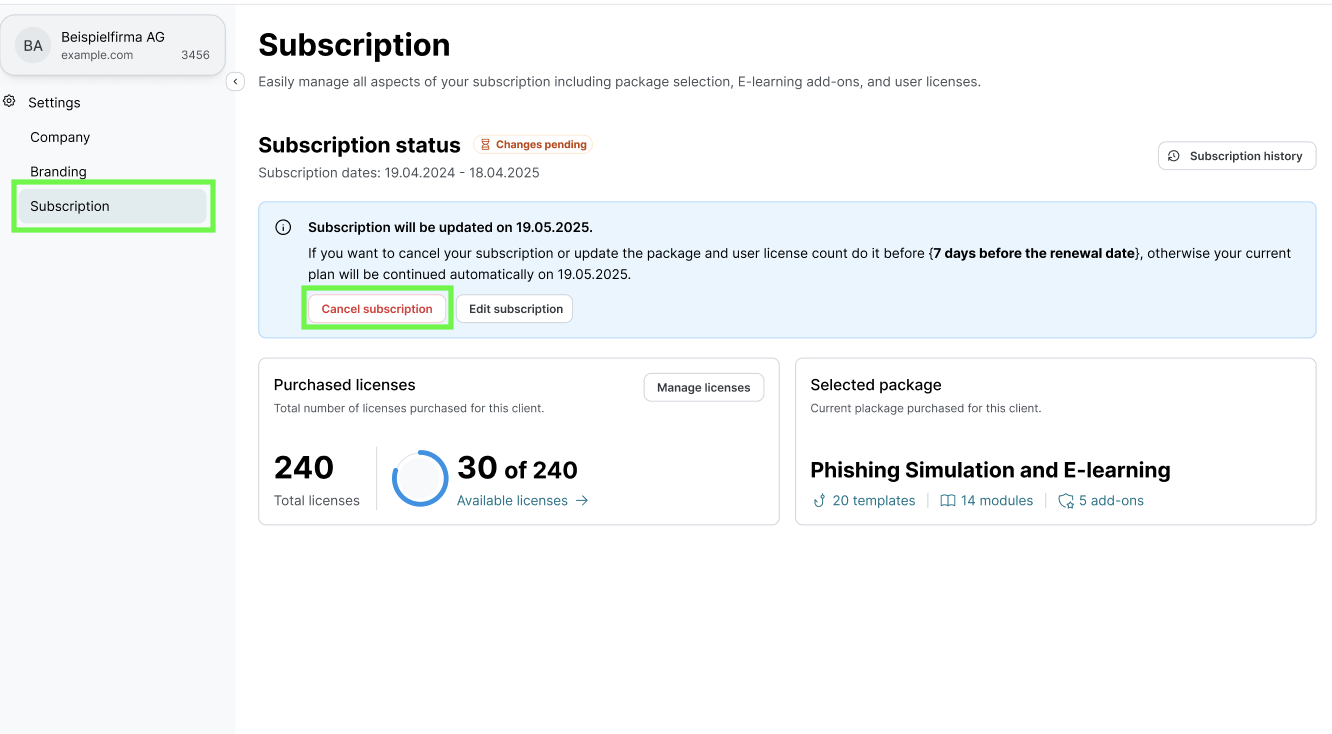 Subscription page with Cancel subscription button highlighted in red. Message: Cannot cancel active subscription period but can cancel upcoming subscription before renewal. Manage licenses button and Subscription history link also visible.