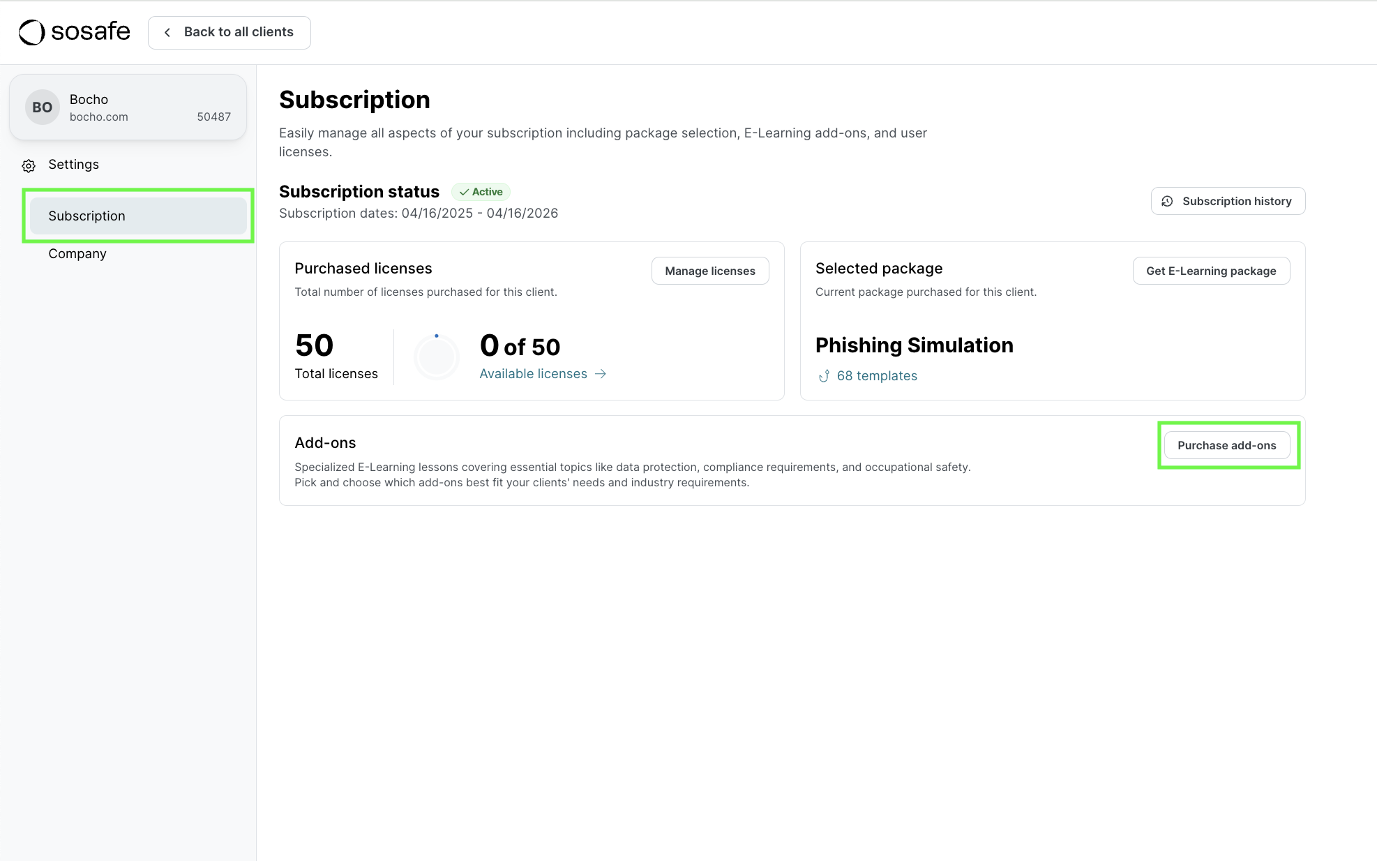 Subscription page with Purchased Add-ons section showing options Data Privacy (checked) and German General Act on Equal Treatment (AGG) (checked). Other options: Occupational Safety, Compliance, German Supply Chain Law, Swiss Data Protection, UK Data Protection, Anti Money Laundering.