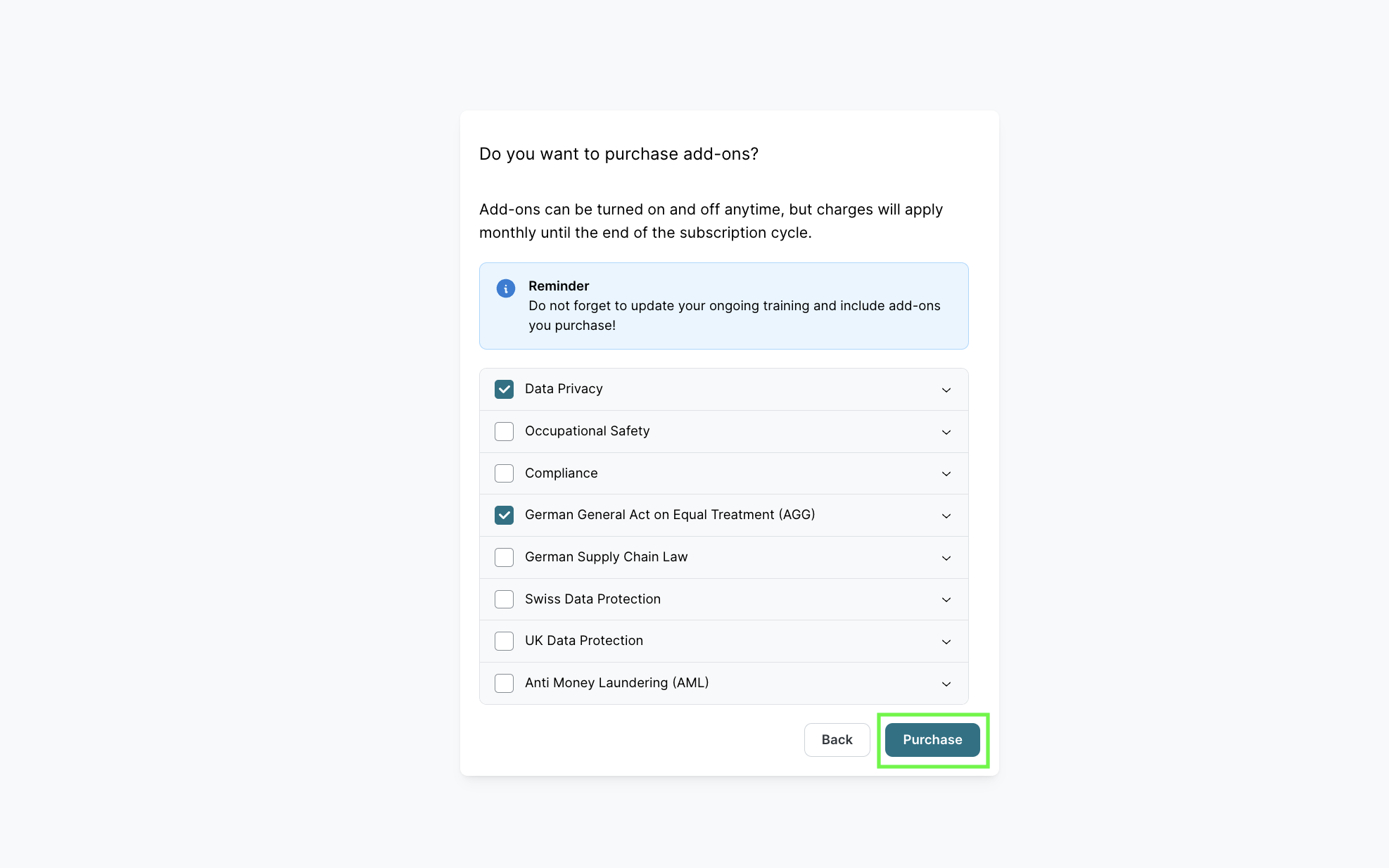 Do you want to purchase add-ons? dialog. Data Privacy checked and German General Act on Equal Treatment (AGG) checked. Reminder: Update ongoing trainings to include add-ons. Back and Purchase buttons (Purchase highlighted in green).