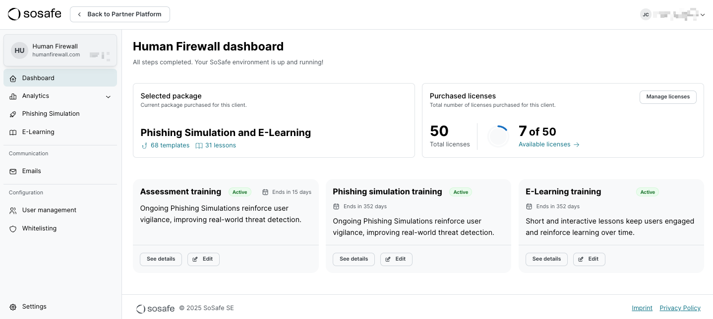 Client dashboard after setup completion. Cards show selected package with Phishing Simulation and E-Learning, purchased licenses showing 50 total with 7 available, and three active trainings with end dates and edit buttons.