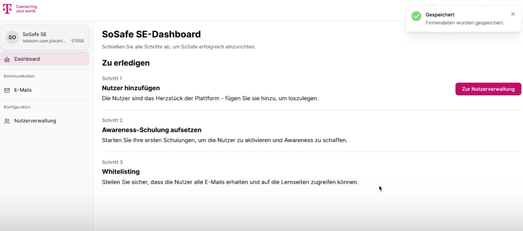 Whitelisting section with toggle for Confirm successful whitelisting highlighted. Test whitelisting section shows checkmarks confirming email delivery from SoSafe infrastructure.