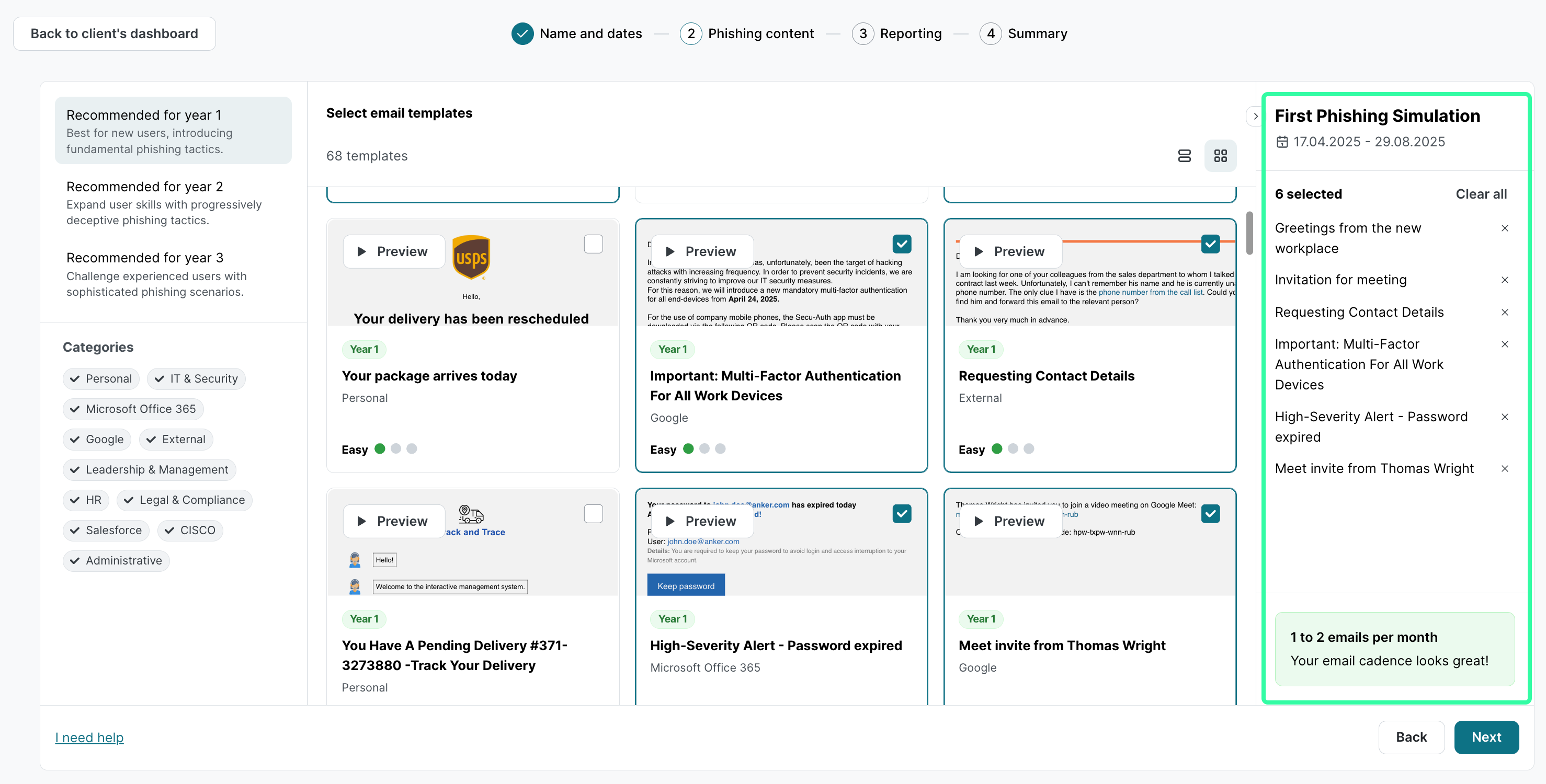 Phishing Simulation template selection page showing 68 available email templates in grid format with Preview buttons. Numbered callouts (4, 5) highlight specific templates.