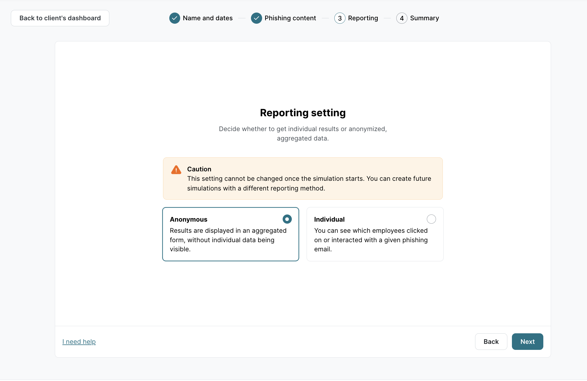 Phishing Simulation reporting setting page. Anonymous and Individual radio buttons shown. Anonymous option selected with explanation text. Caution banner notes setting cannot be changed after start.