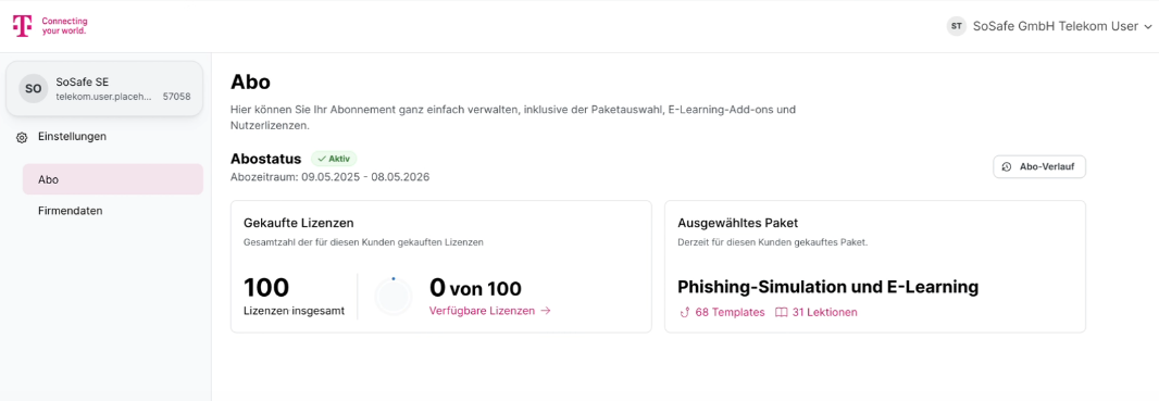SoSafe subscription settings page showing available licenses and purchased licenses count via Telekom Cloud Marketplace. Settings panel on bottom left with Subscription option visible.