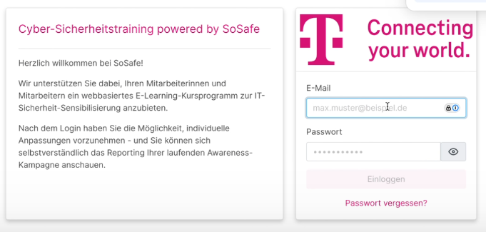 SoSafe Partner Platform login page with Telekom Magenta branding. Left panel contains German text about cybersecurity training. Right side shows Email and Password fields with Connecting your world branding and Einloggen button.