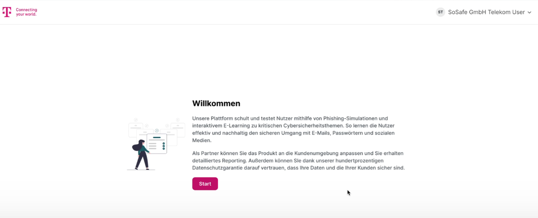 SoSafe Partner Platform welcome page with Telekom branding. Heading Willkommen with two paragraphs of German text describing platform functionality and partner benefits. Illustration of person with laptop on left. Purple Start button below.