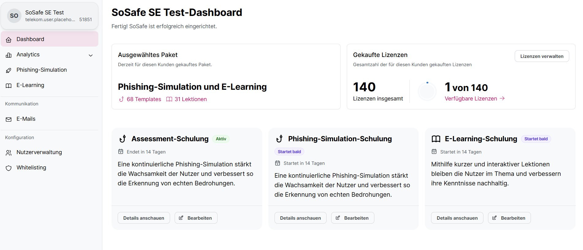 Dashboard showing active assessment training as well as soon to start Phishing Simulation and E-Learning.