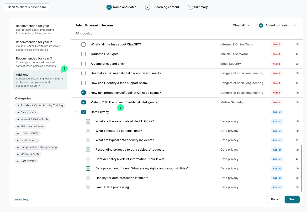 E-Learning content selection with Add-ons section visible. Left sidebar shows Recommended for year categories. Numbered callouts (1, 2) mark key UI elements. 22 lessons selected shown.