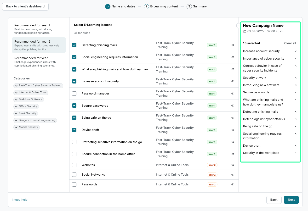 E-Learning content selection screen showing selected modules list on right. Added to Training summary panel (5) highlighted with 13 selected lessons displayed in green box.