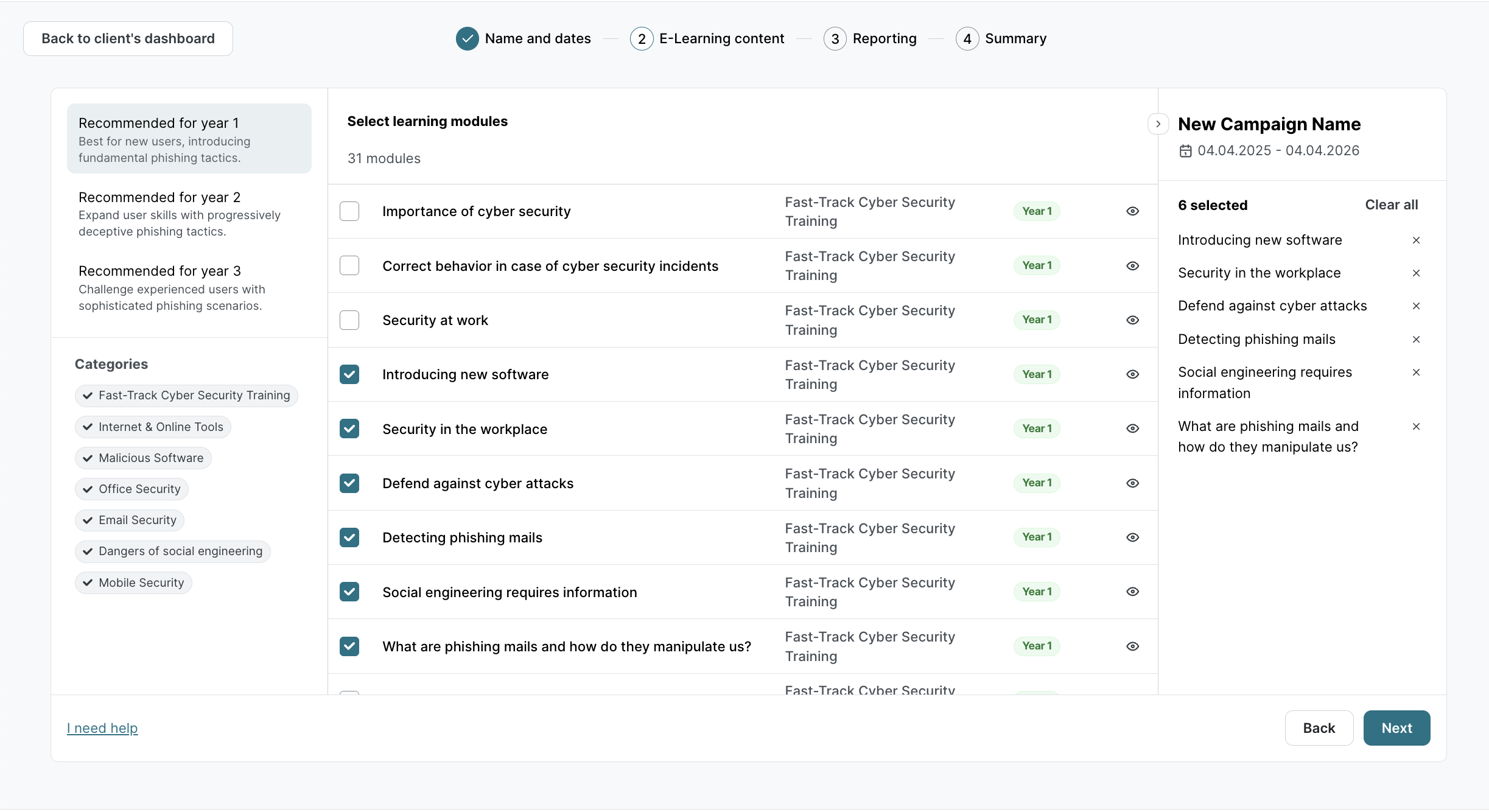 E-Learning content distribution page showing recommended schedules for three years. Left sidebar with category list and numbered callout (1). Module count and distribution metrics visible.