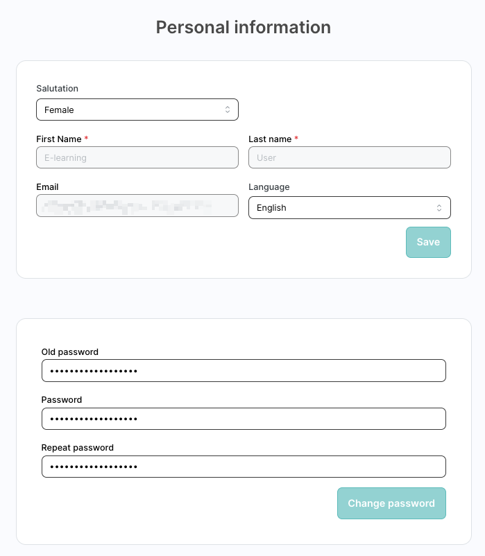 Personal information page form with fields for Salutation Female dropdown, First Name E-learning, Last name User, Email masked, and Language English. Save button displayed. Below that, password change section with Old password, Password, and Repeat password fields. Change password button at bottom.