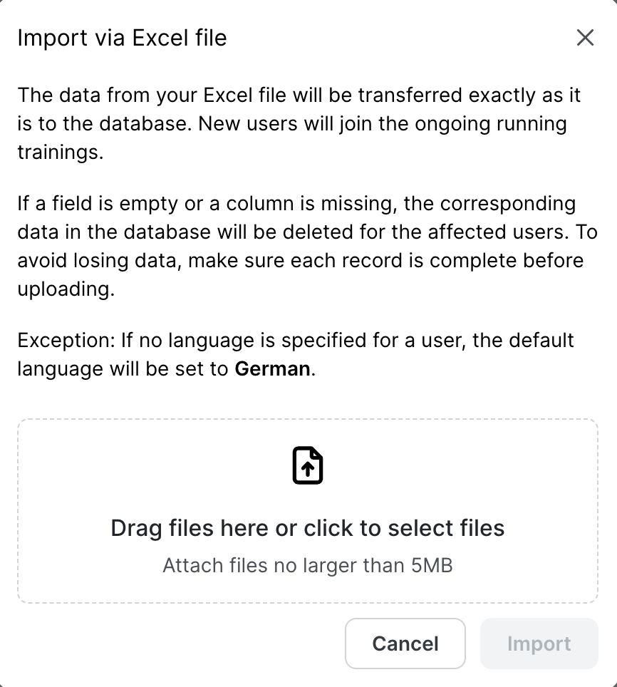 User management page showing Add user dropdown menu with two options: Import via Excel file marked 1 with description, and Add manually marked 2. Options for integrating with Google Workspace or Microsoft Entra ID provisioning systems are visible above the dropdown menu.