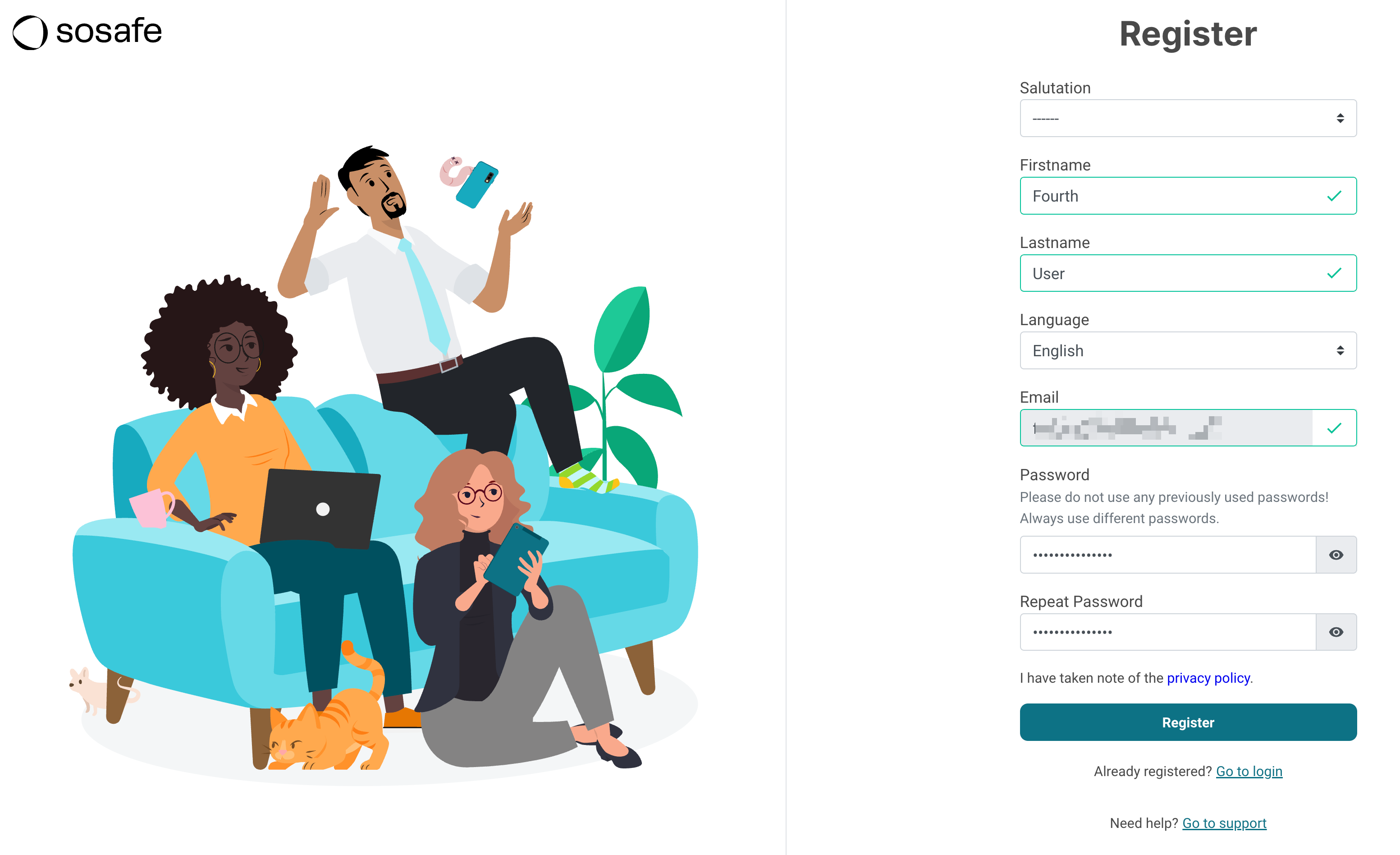 Register page with form fields for Salutation, Firstname, Lastname, Language, Email, Password, and Repeat Password. Sample data shows Firstname Fourth and Lastname User with Email field masked. Register button at bottom. Illustrative image on left side of screen.