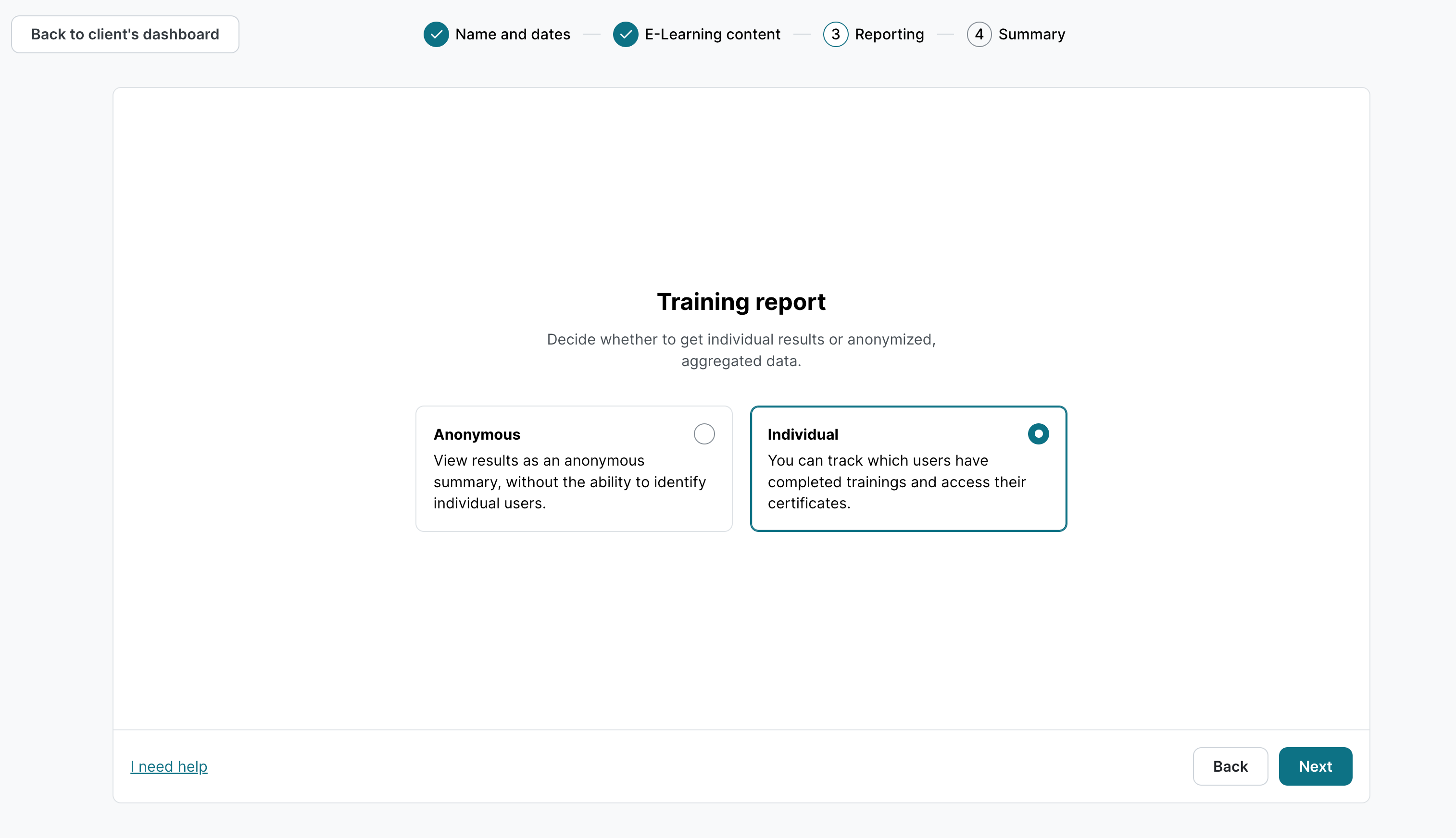 E-Learning training wizard step 3, Reporting page. Anonymous and Individual radio buttons shown. Individual option selected. Caution banner states this cannot be changed after training starts.