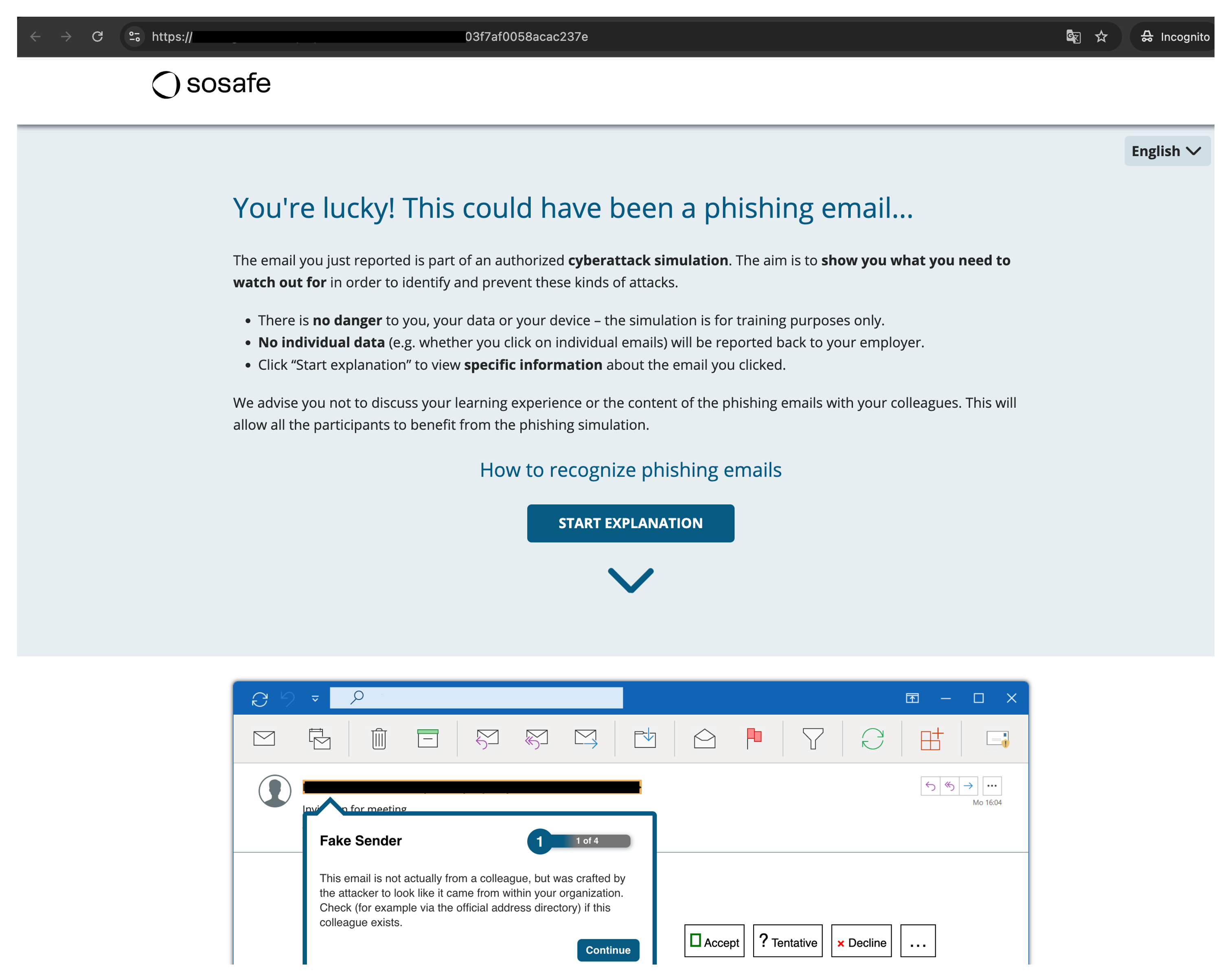 Phishing simulation learning page You're lucky! This could have been a phishing email with banner. Shows Fake Sender example popup with scoring callout marked 1 of 4. Includes Continue, Accept, Tentative, and Decline buttons.