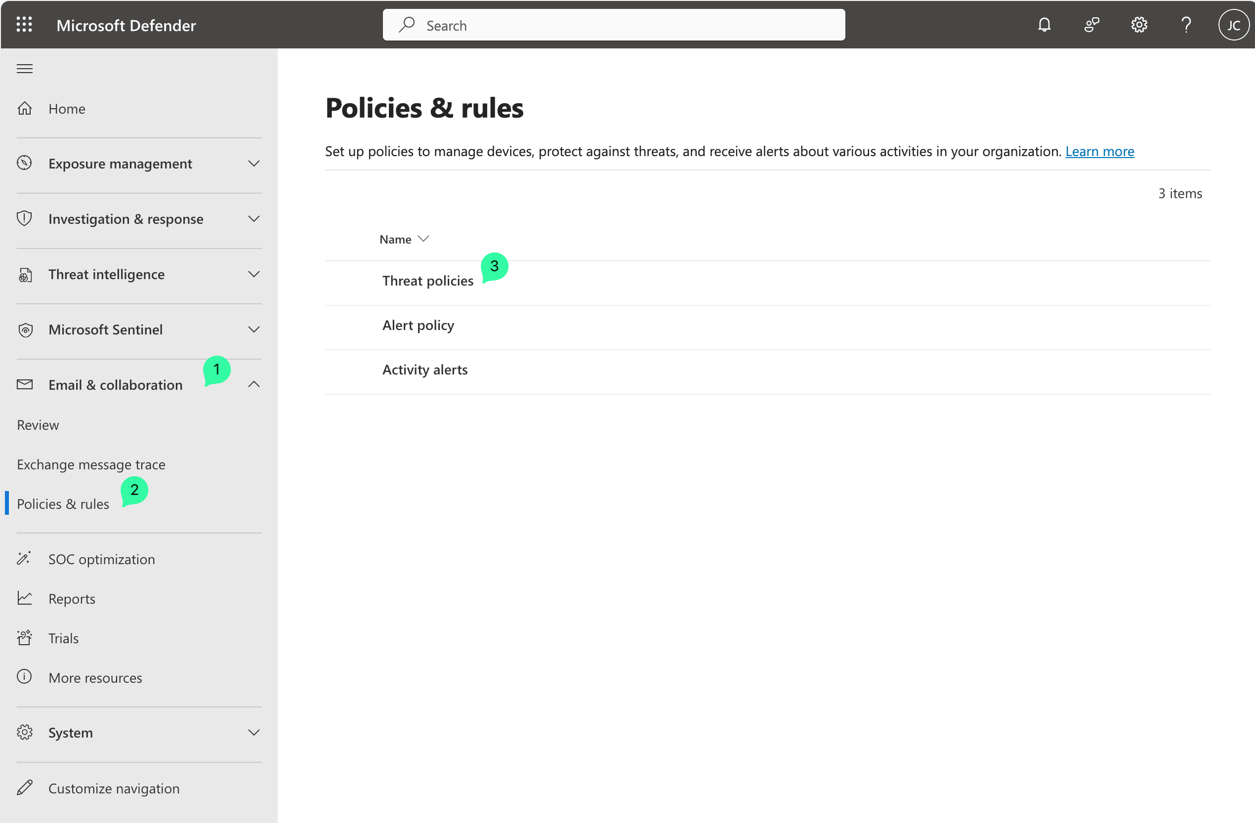 Microsoft Defender portal showing Policies & rules section. Left navigation shows Email & collaboration expanded with Policies & rules item marked 2. Center panel shows Threat policies marked 3.
