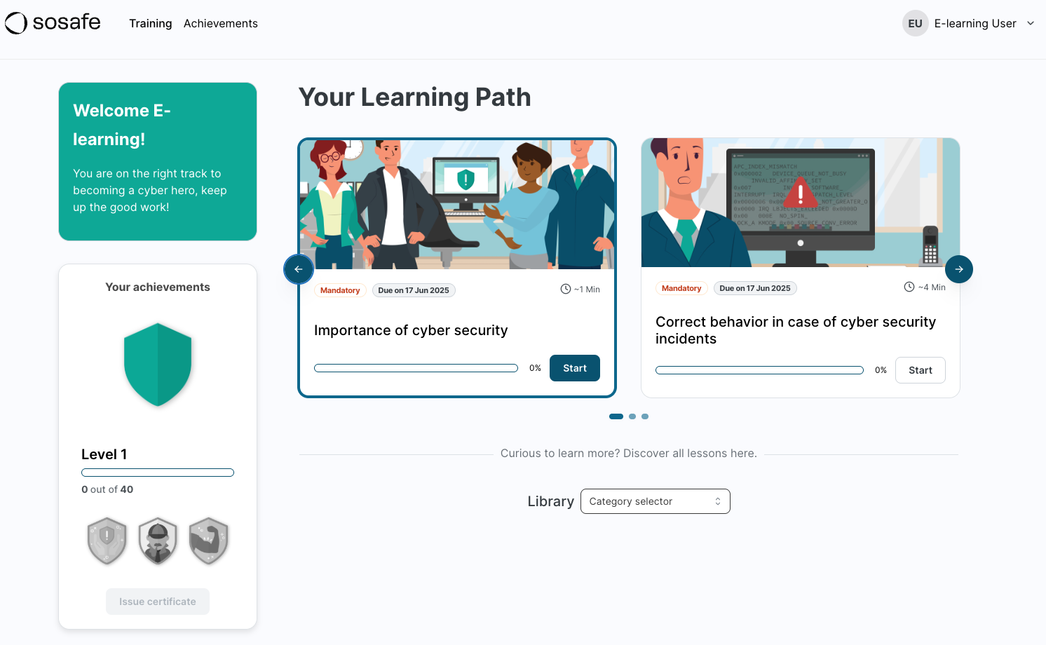 Dropdown menu for Library category selection with options displayed: All categories checked, Fast-Track Cyber Security Training, and Data privacy.