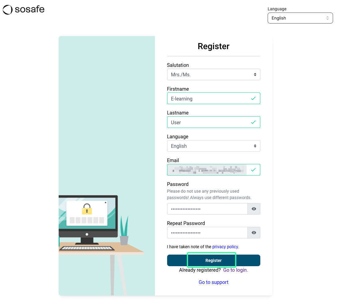 Register page with Security awareness theme. Left side shows illustration of person at computer with lock icon. Right panel has Register heading and form fields: Salutation Mrs./Ms., Firstname E-learning, Lastname User, Language English, Email masked, Password with visibility toggle, Repeat Password. Privacy policy link and Register button at bottom.