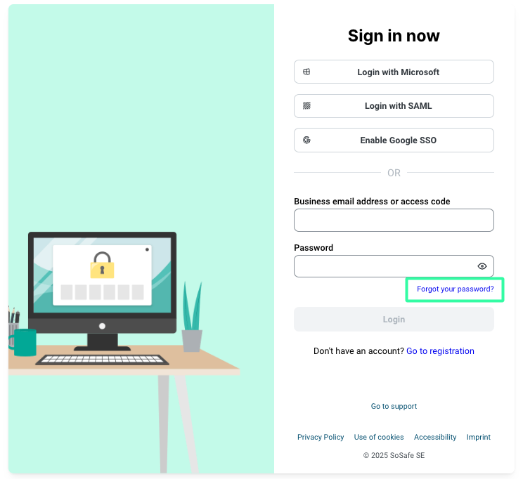 Forgot password page with Email field containing masked email address. Recover button below. Links for Remembered your password with Go to login and Need help with support contact. Left side shows computer illustration with lock icon.