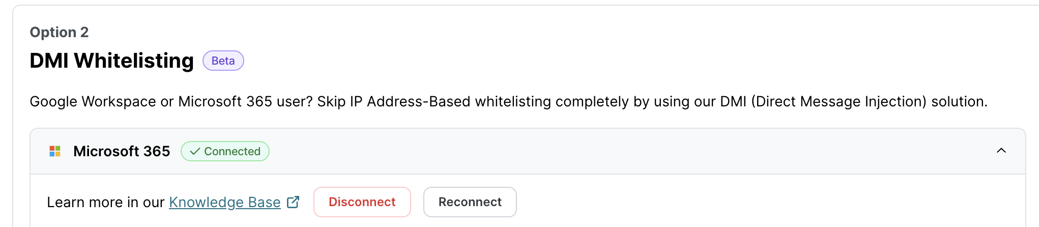 DMI Whitelisting section showing Option 2 with Microsoft 365 displaying Waiting for confirmation status. Buttons available for Regenerate admin link and Connect as admin to complete authorization process.