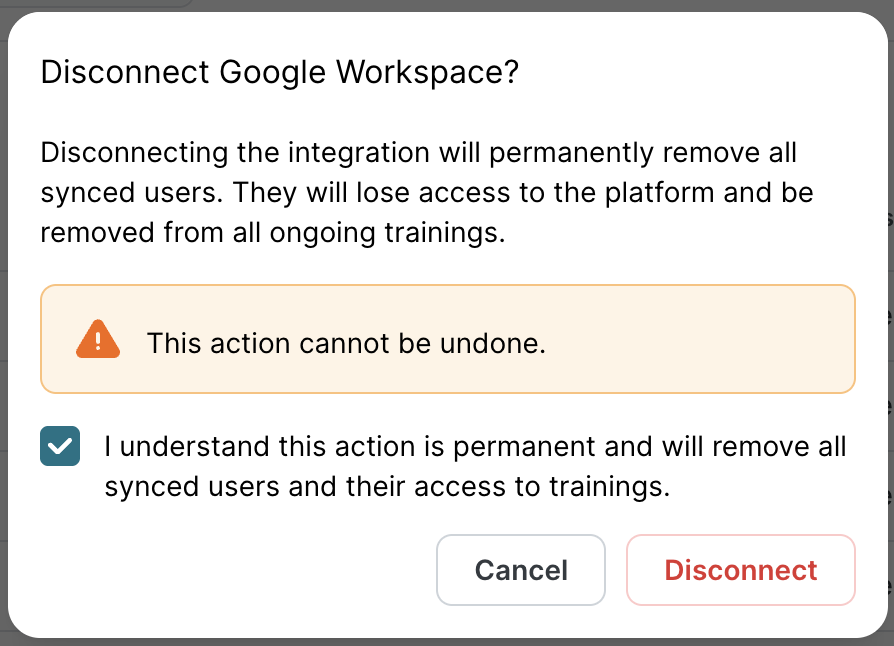 Disconnect Google Workspace confirmation dialog. Heading: Disconnect Google Workspace? Warning: Disconnecting will permanently remove all synced users and they will lose access to platform and trainings. Orange warning banner This action cannot be undone. Checkbox to acknowledge and red Disconnect button.
