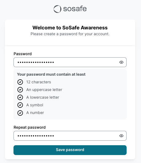 Welcome to SoSafe Awareness page with password creation form showing password field, visibility toggle, and confirmation requirements listed with checkmarks for 12 characters, uppercase letter, lowercase letter, symbol, and number.