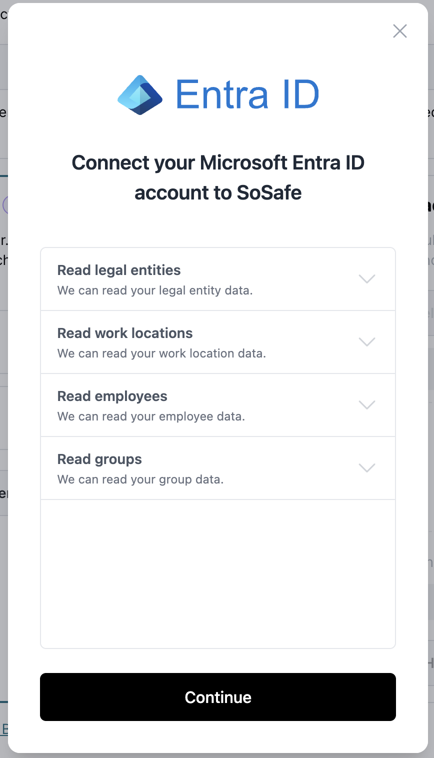 Microsoft Entra ID consent dialog titled Connect your Microsoft Entra ID account to SoSafe. Lists permissions: Read legal entities, Read work locations, Read employees, Read groups. Continue button at bottom.
