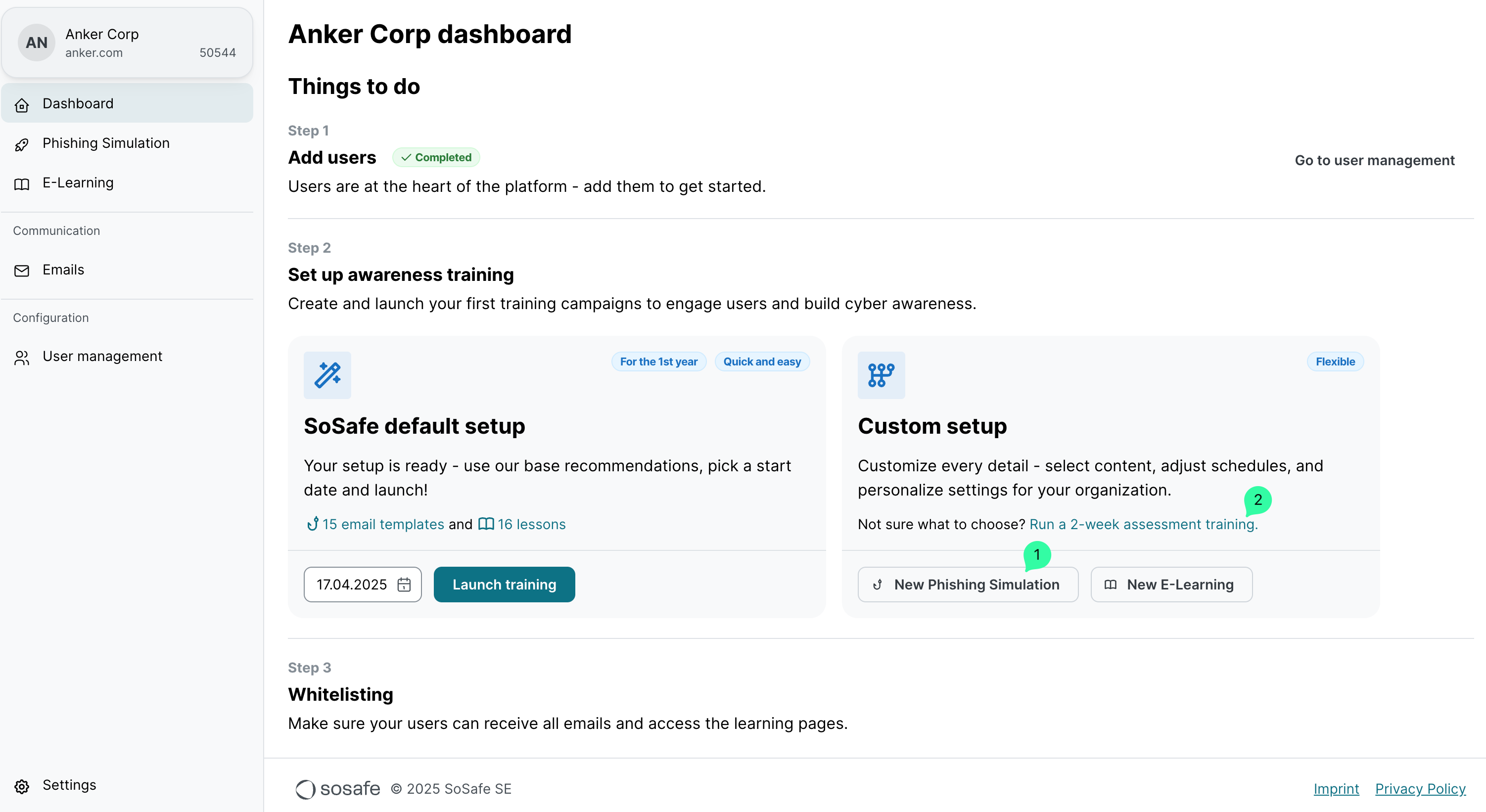 Dashboard Set up awareness training section. Custom setup area with two option boxes. New Phishing Simulation button (1) and New E-Learning button (2) both highlighted in green.