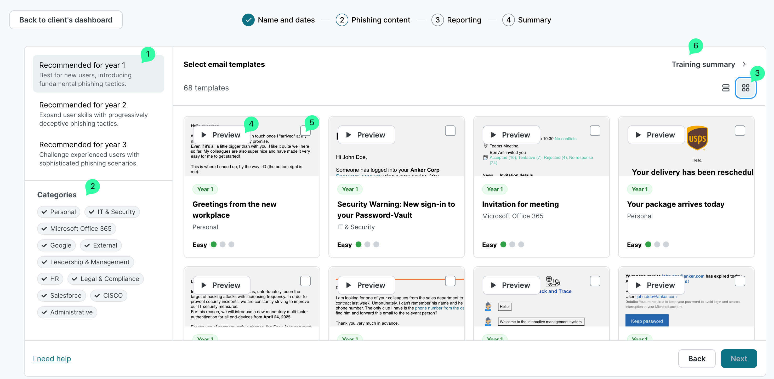 Phishing Simulation email template selection showing 68 templates. Left sidebar lists three year-based recommendations and categories with checkmarks. Template previews visible in grid layout.
