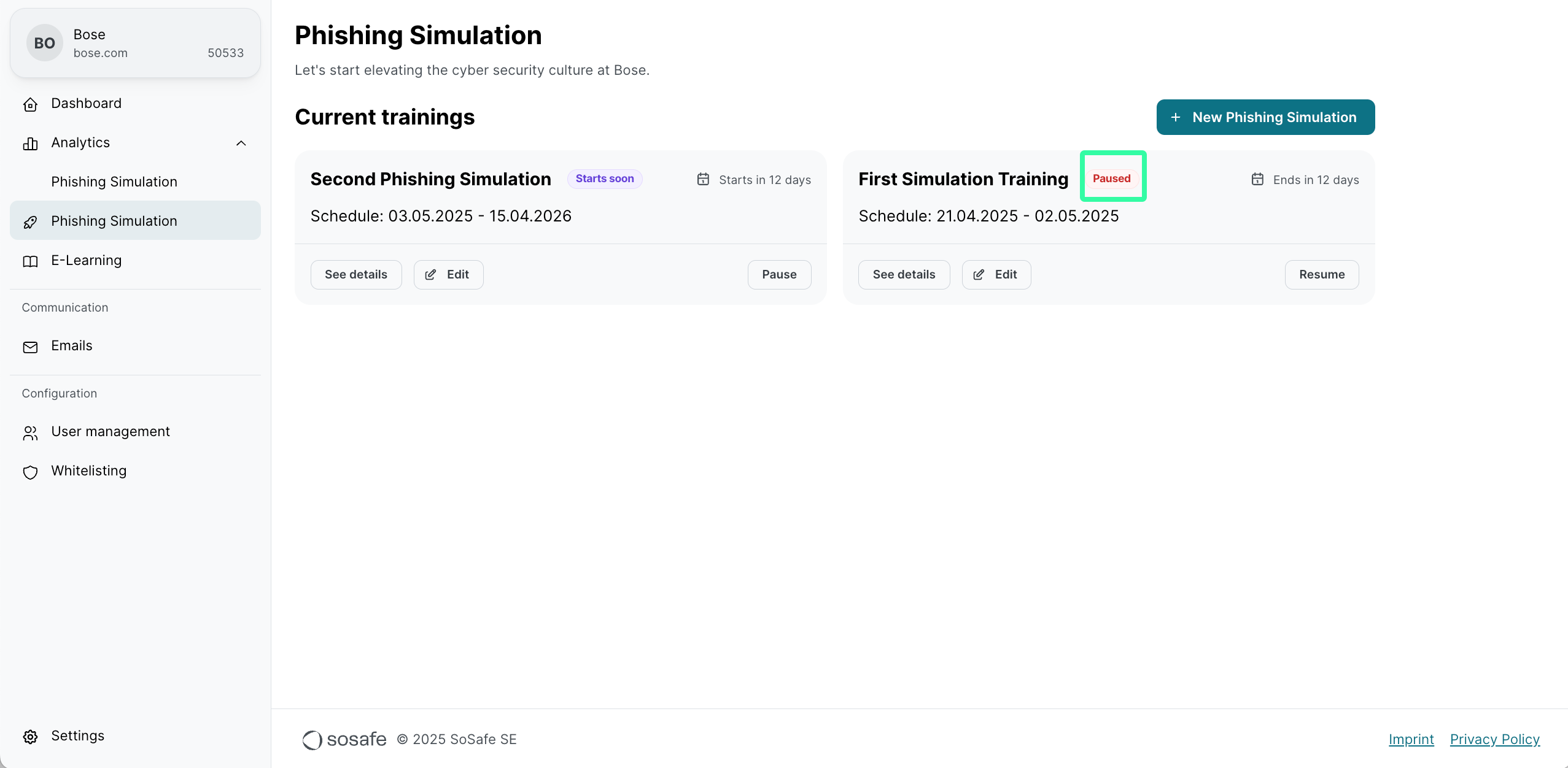 Current trainings with First Simulation Training status changed to Paused shown in red. Resume button now appears instead of Pause. Second Phishing Simulation status is Starts soon.