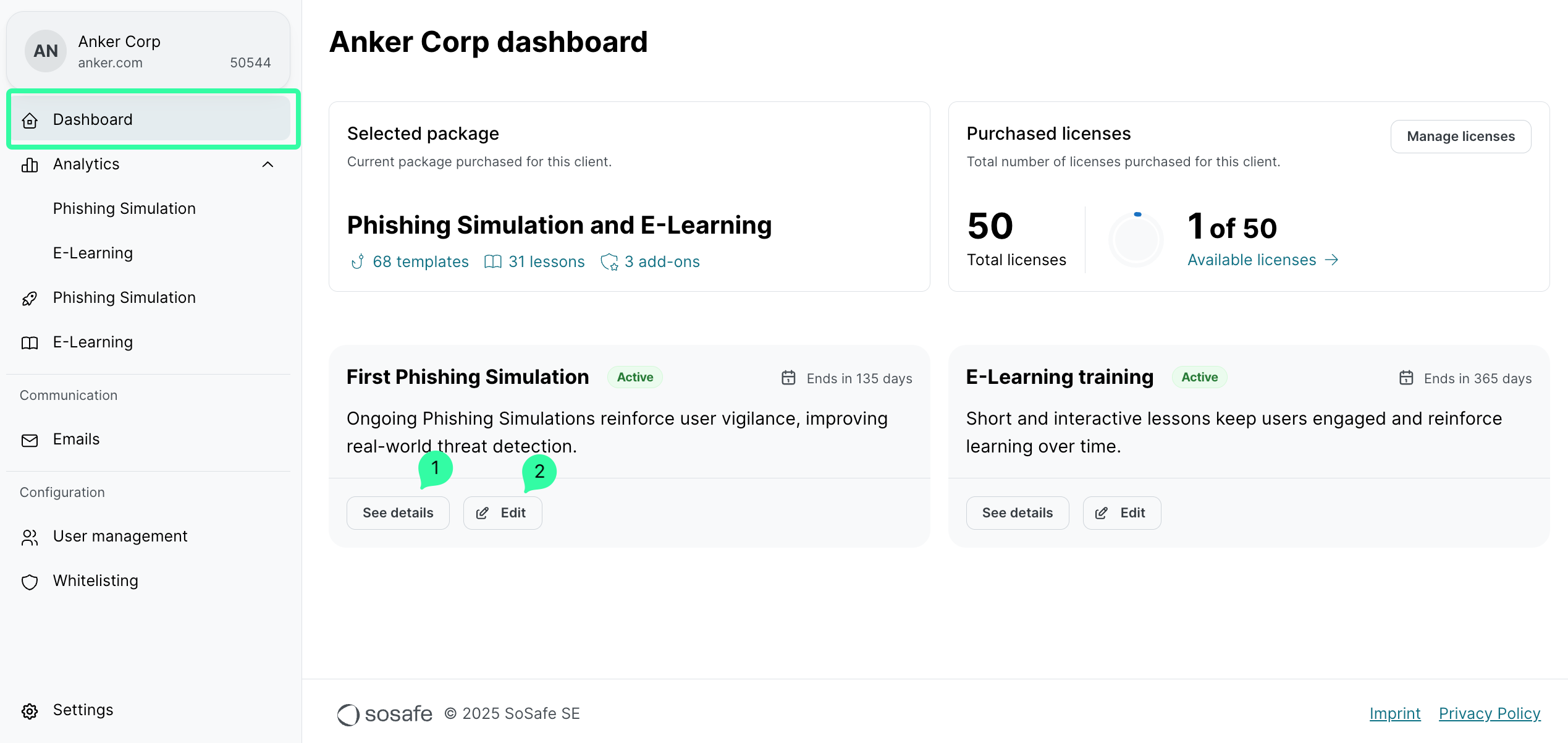 Dashboard showing active Phishing Simulation and E-Learning trainings. Phishing Simulation card shows See details (1) and Edit (2) options marked with green numbered callouts.
