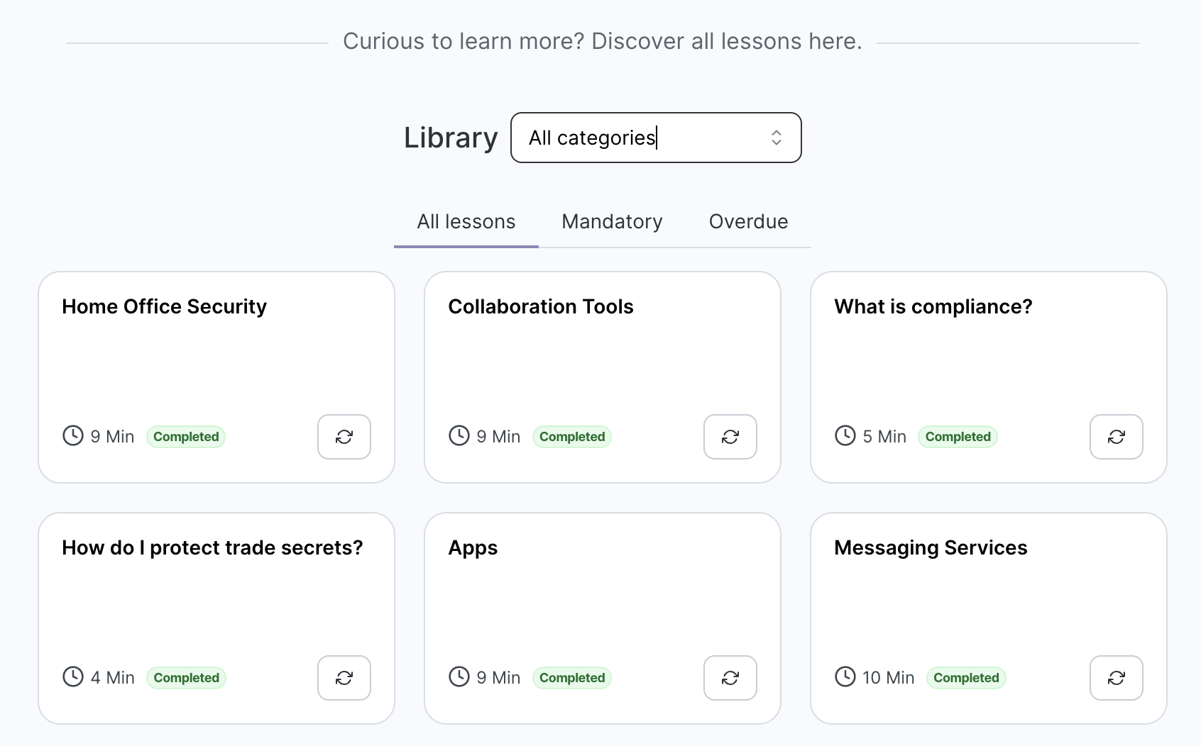 Lesson library grid view showing All lessons tab with filter by Library dropdown. Grid displays lesson cards for completed lessons with titles like Home Office Security, Collaboration Tools, What is compliance? Each card shows duration, Completed status badge, and Start button.