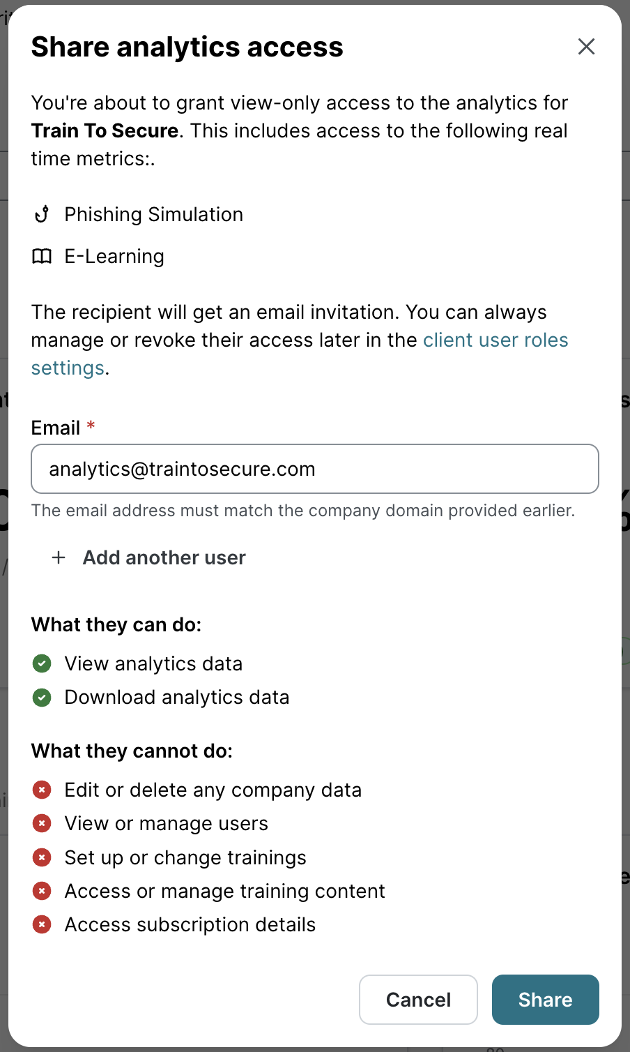 Creating an analytics viewer user dialog. Input field with placeholder Search by email. Instructions to enter user email address and select Share button to grant analytics viewer permissions for the selected Phishing Simulation or E-Learning section.