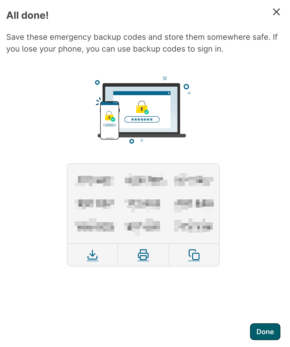 All done dialog for MFA configuration showing a phone and laptop with lock icons, a grid of backup codes to save, and buttons to download, print, or copy the codes.