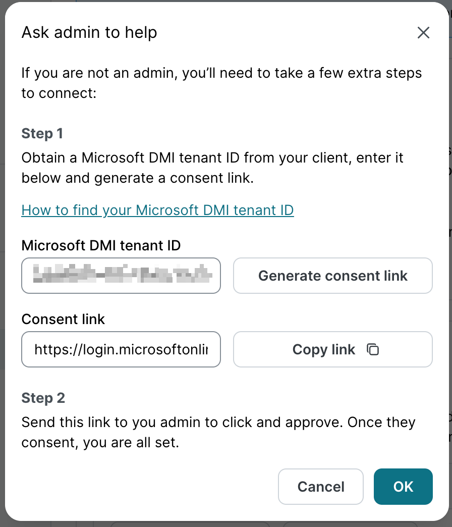 DMI Whitelisting section showing Microsoft 365 with Connected status in green checkmark. Buttons visible for Disconnect and Reconnect. Learn more link to Knowledge Base present.